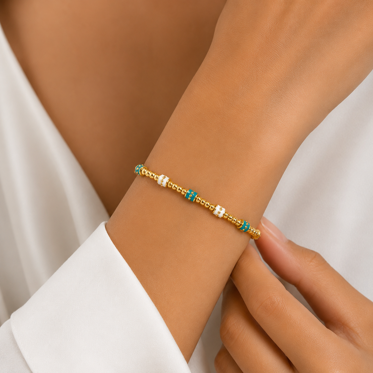 Turquoise &amp; White Beaded Bracelet – Gold Edition