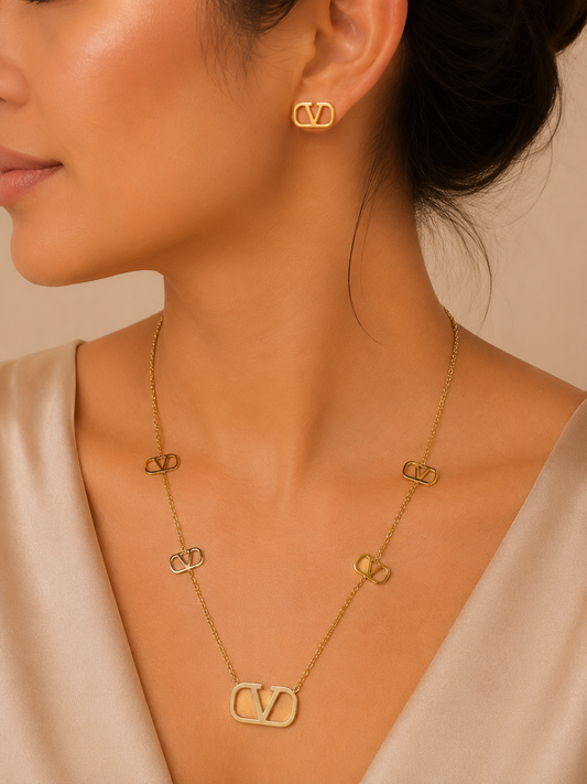 Gold Double Link Necklace & Earrings Set