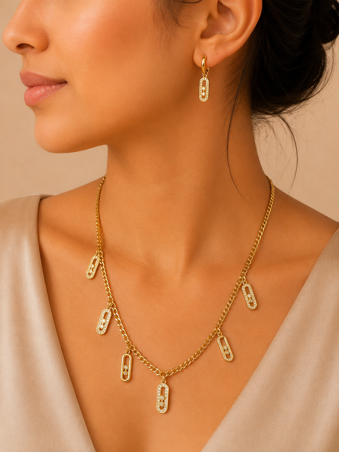 Golden Crystal Charm Necklace & Earrings Set – Elegant Edition