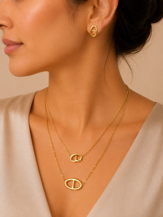 Golden Layered Necklace & Stud Earrings Set – Minimalist Edition