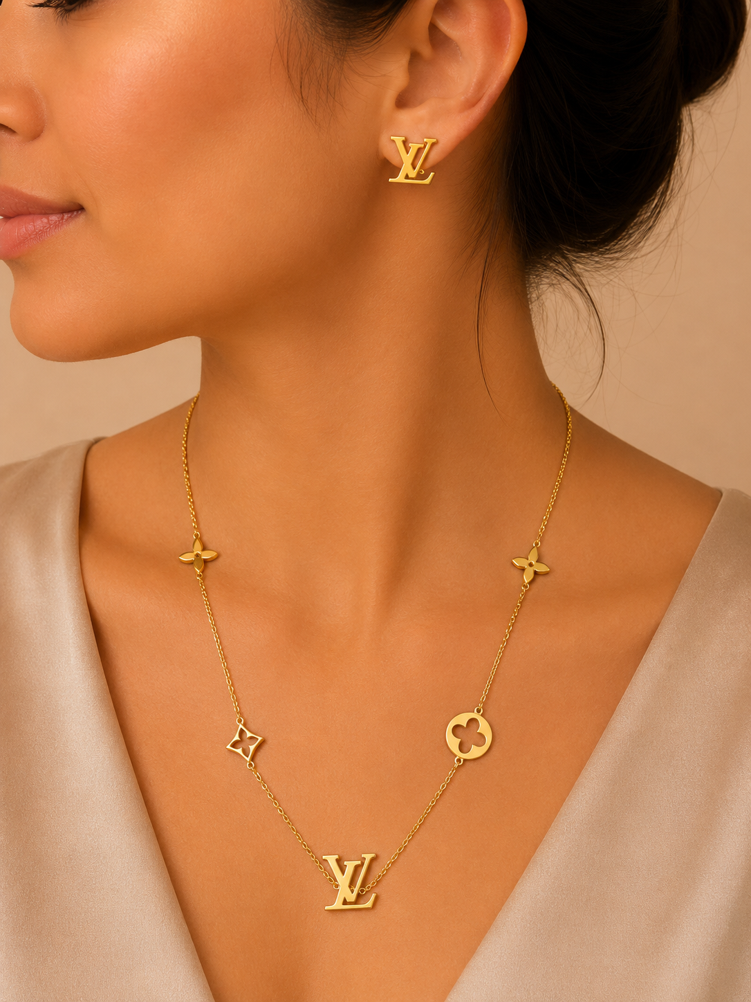 Gold-Tone Monogram Necklace & Stud Earrings Set