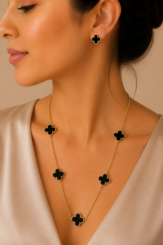 Gold-Plated Black Clover Necklace & Earrings Set