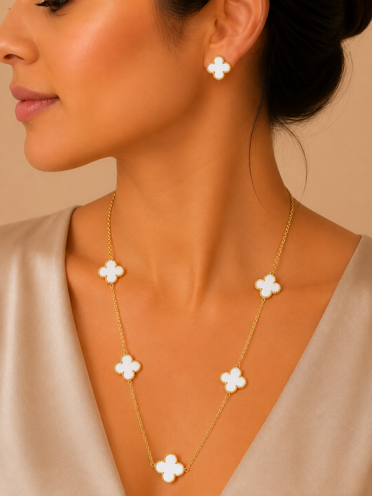 Gold-Plated White Clover Necklace & Earrings Set