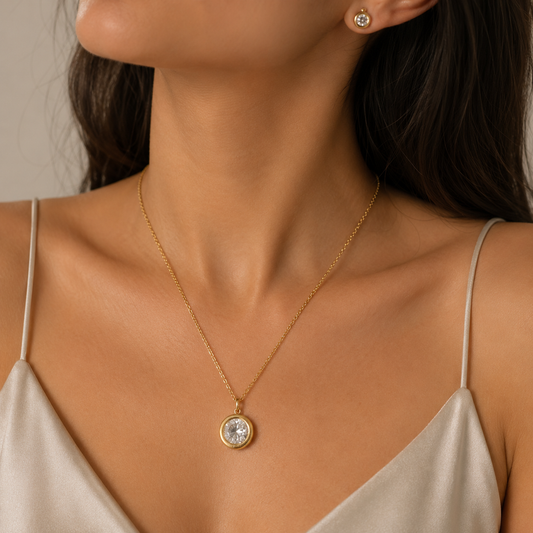 Classic Solitaire Pendant Necklace Set – Gold