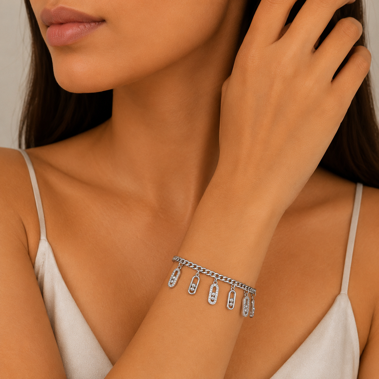 Silver Crystal Link Charm Bracelet