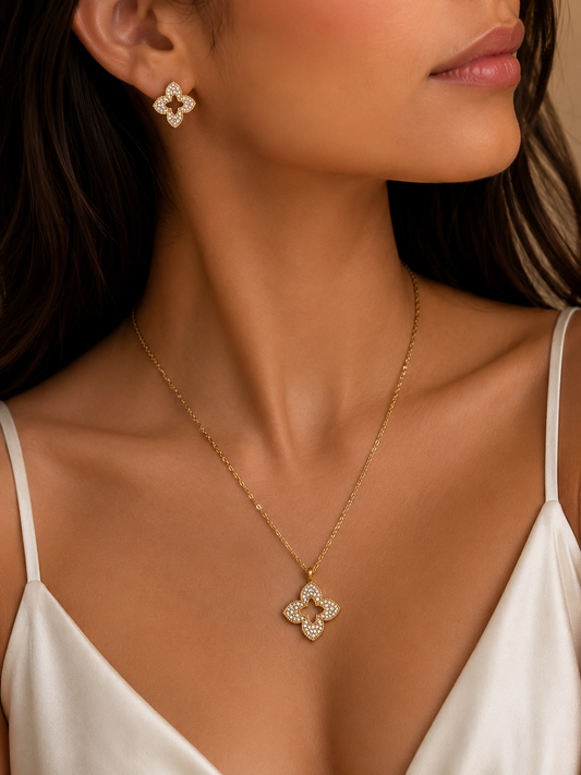 Gold Clover Necklace & Earrings Set