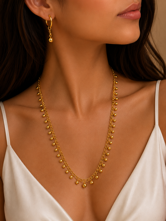 Gold Beaded Necklace & Earrings Set