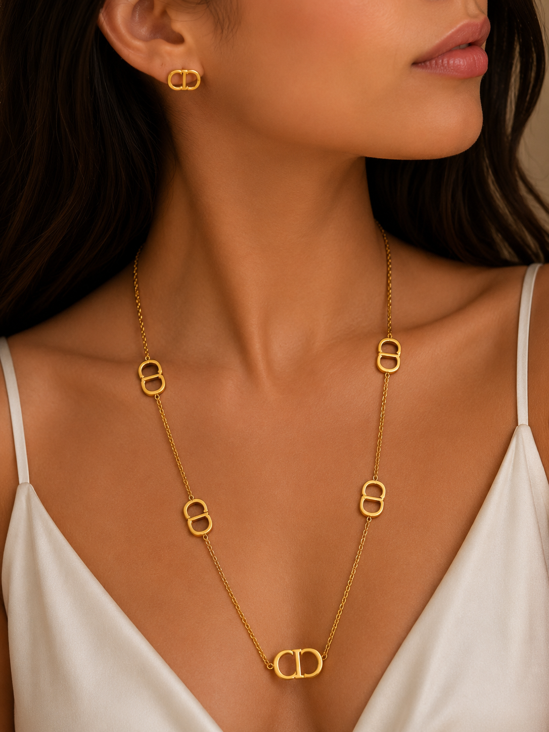 Gold Double Link Necklace & Earrings Set