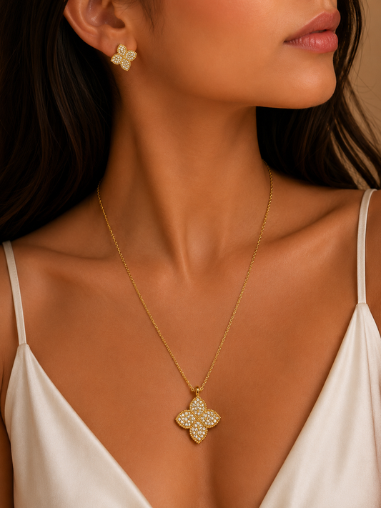Gold Crystal Clover Necklace & Earrings Set