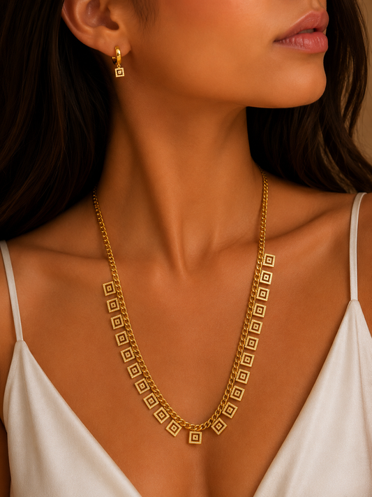 Gold Square Charm Necklace & Earrings Set