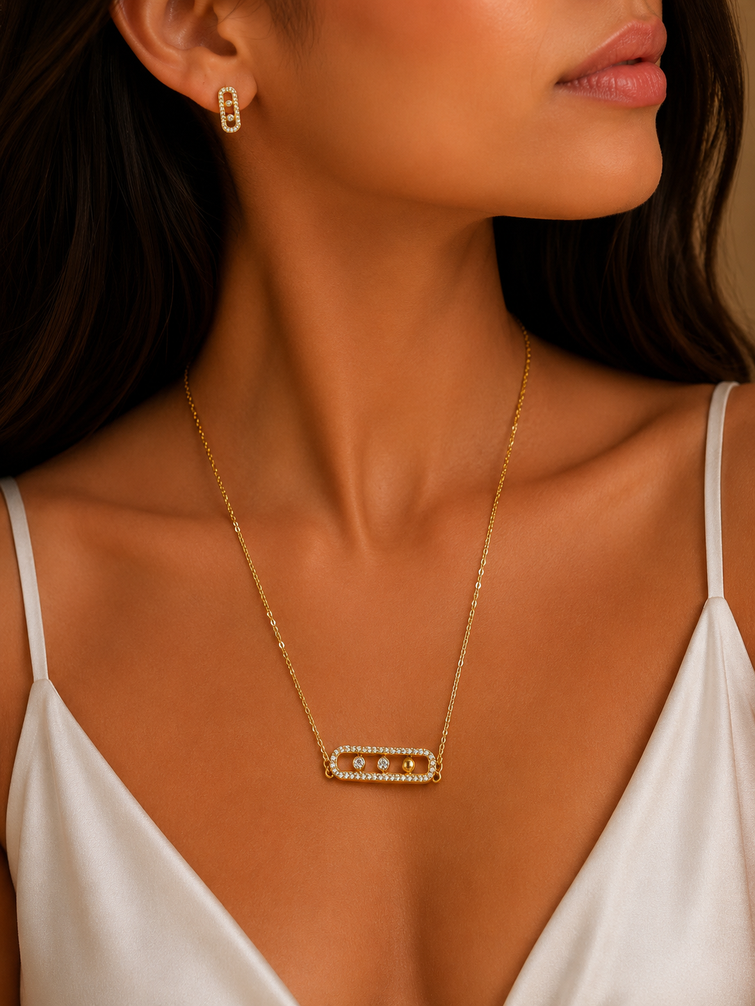 Gold Crystal Bar Necklace & Earrings Set