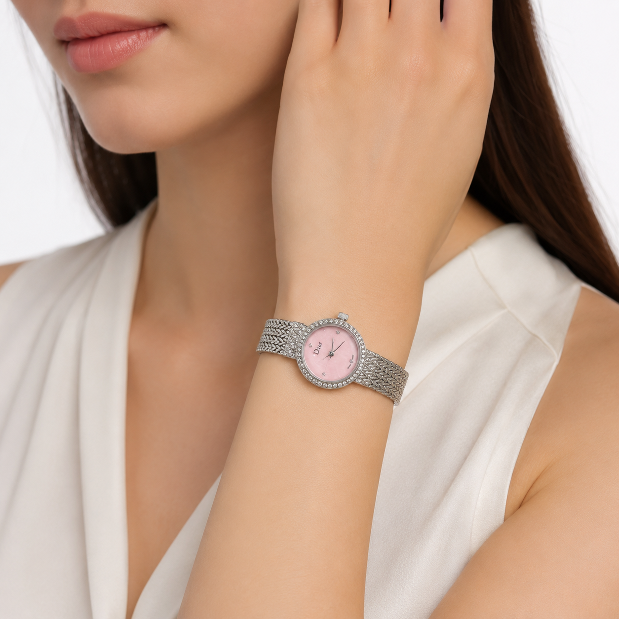 Dior Women's Silver Crystal Watch – Pink Dial