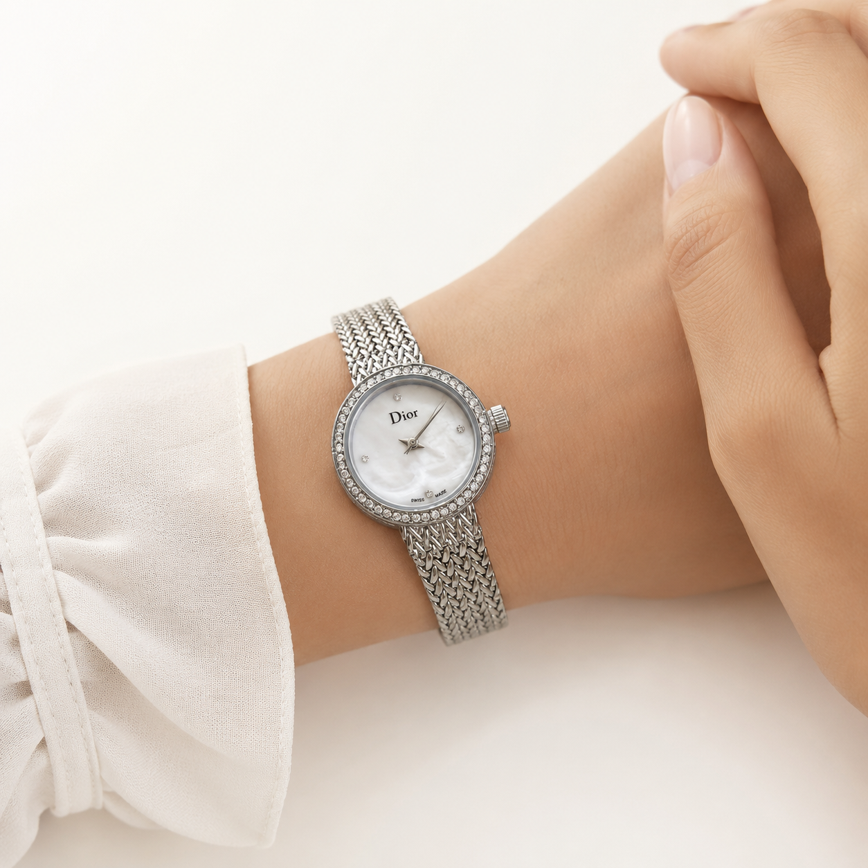 Dior Women's Silver Crystal Watch – White Dial