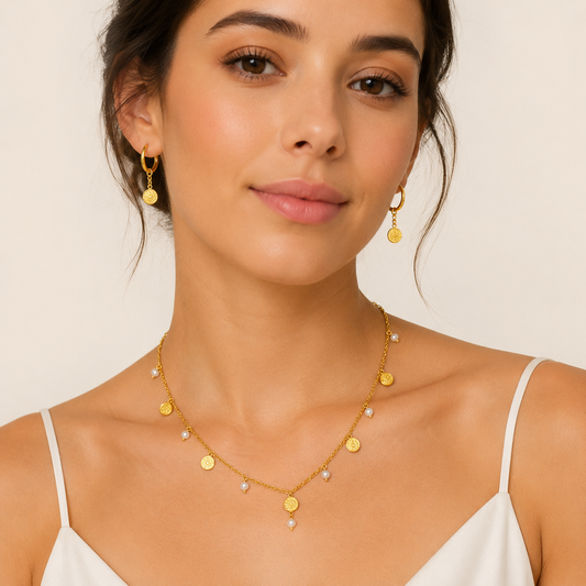 Gold Pearl & Coin Necklace Set