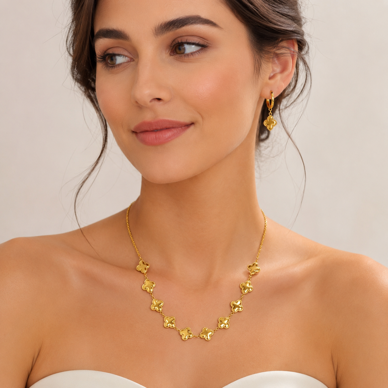 Gold Clover Necklace & Earrings Set