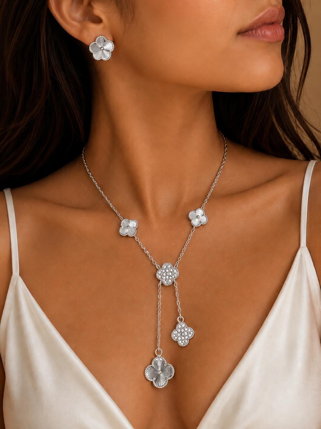 Silver Floral Drop Necklace & Earrings Set