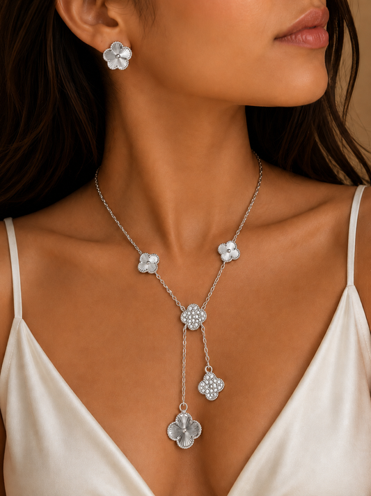 Silver Floral Drop Necklace & Earrings Set