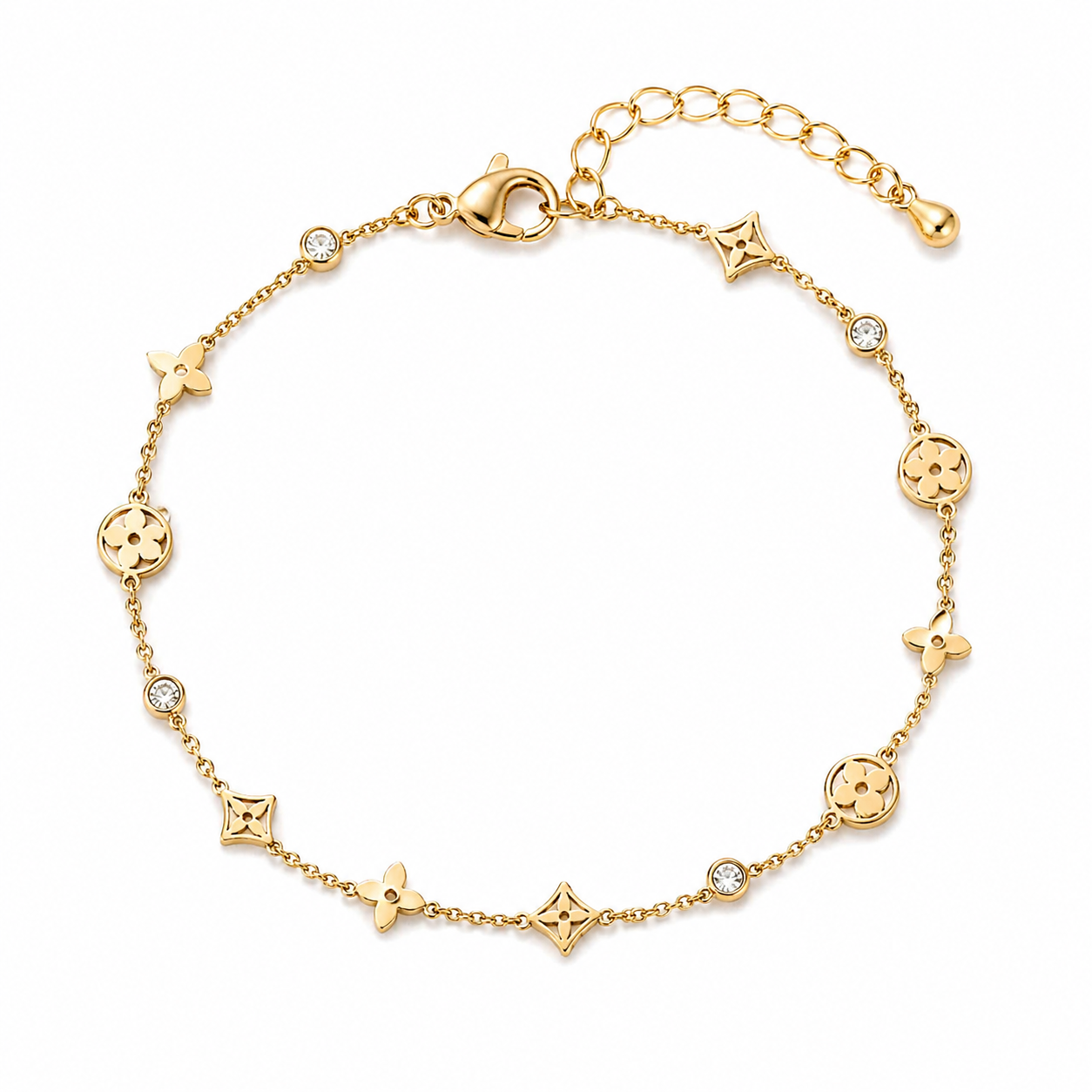 Gold Plated Charm Bracelet – Elegant Floral & Crystal Design