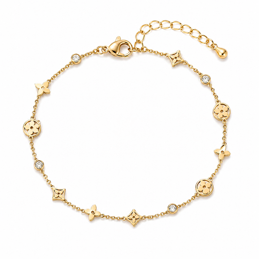Gold Plated Charm Bracelet – Elegant Floral & Crystal Design