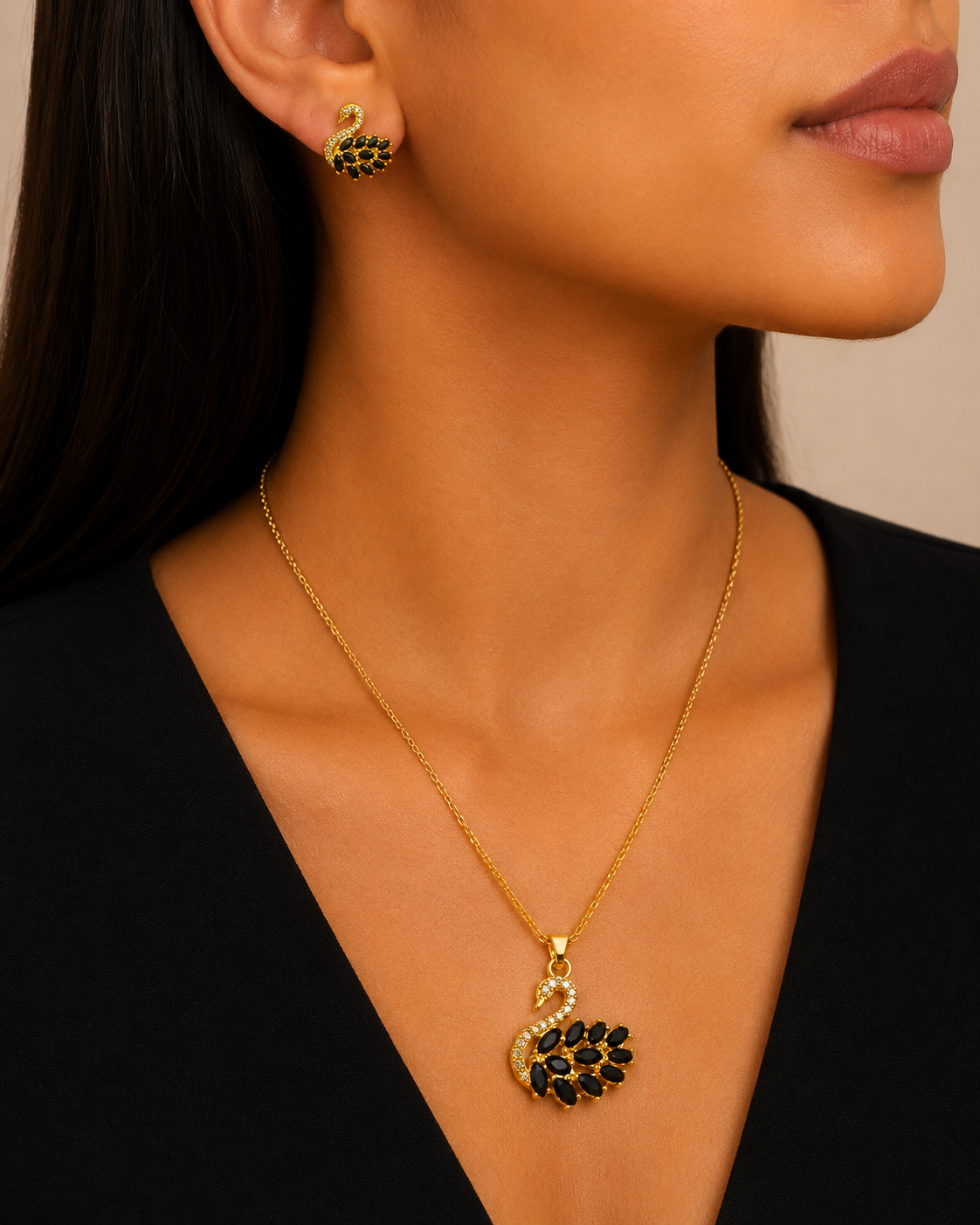Gold Black Crystal Swan Jewelry Set