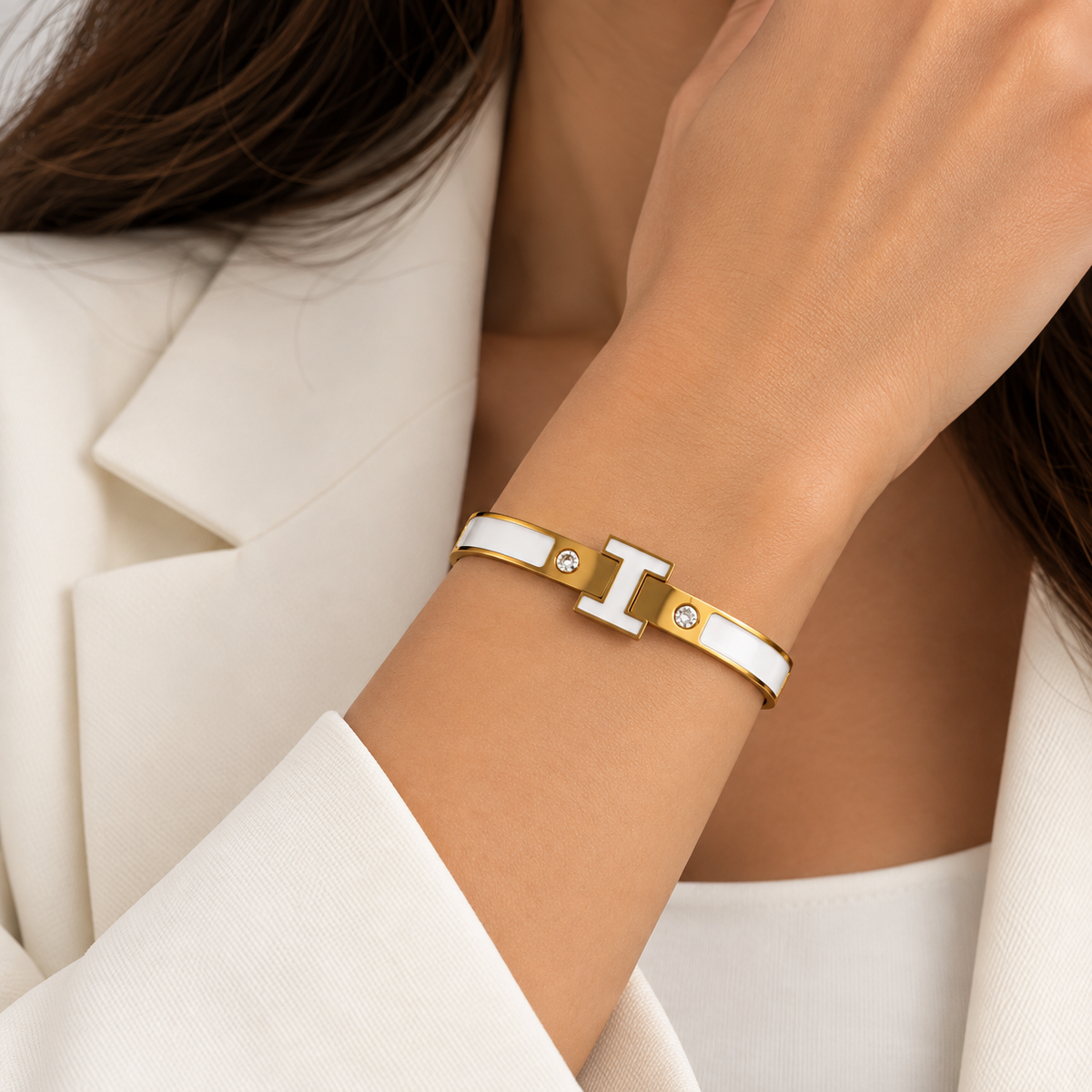 White & Gold H Statement Bracelet