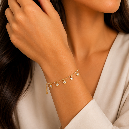 Gold Square Crystal Charm Bracelet