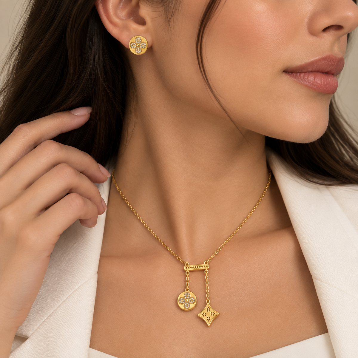 Gold Charm Necklace & Earrings Set