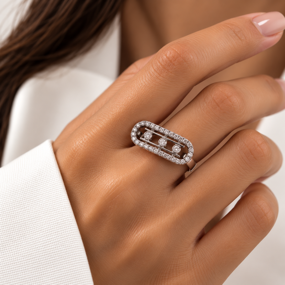 Silver Crystal Three-Stone Statement Ring free size