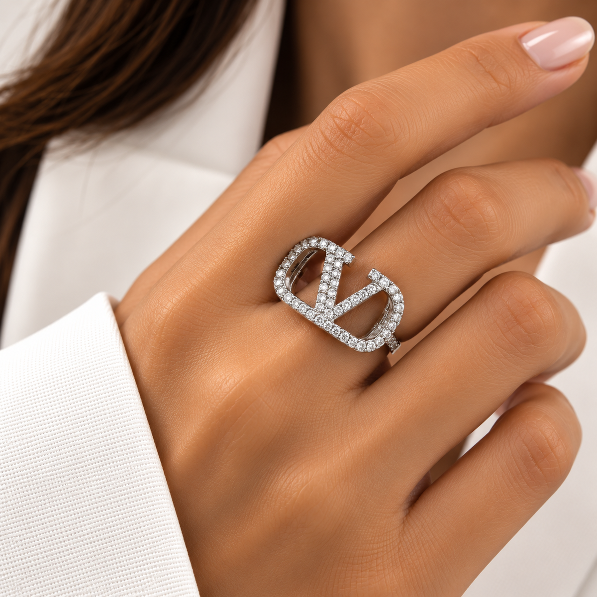 Silver V Crystal Statement Ring free size