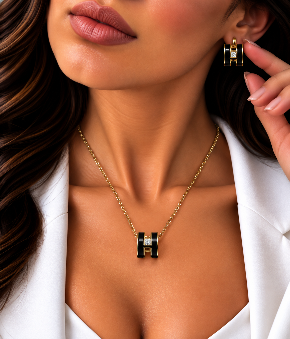 Black & Gold H Pendant Necklace & Earrings Set