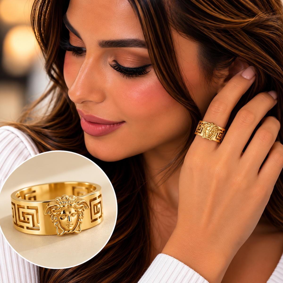 Versace Style Medusa Greek Key Ring