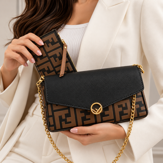 Fendi-Inspired Monogram Shoulder Bag – Brown & Black