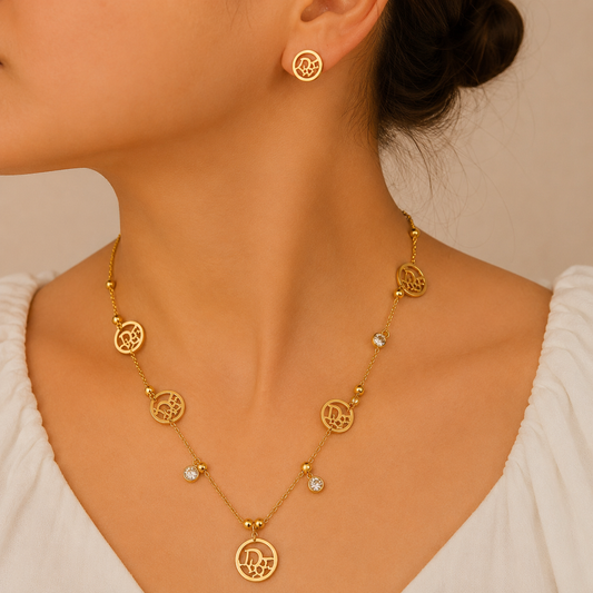 Gold Logo Charm Necklace & Earrings Set