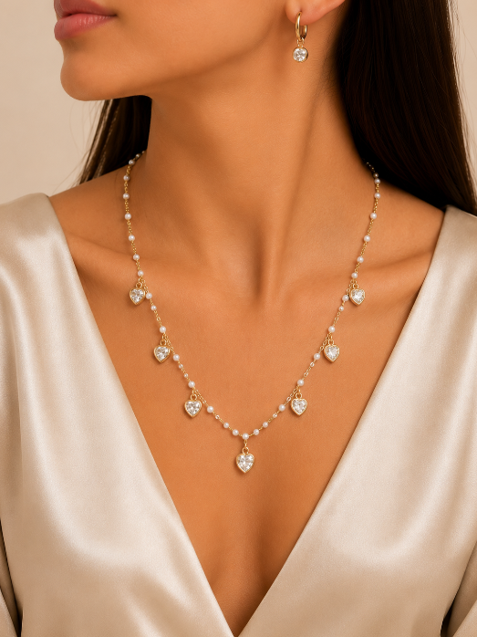 Pearl Heart Charm Jewelry Set