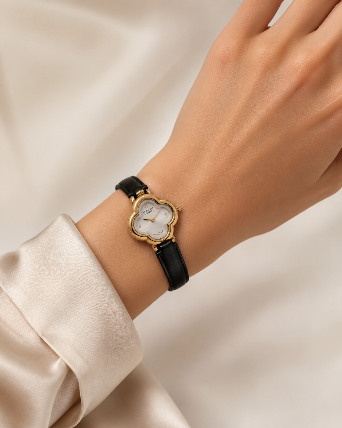 Van Cleef & Arpels Alhambra Black Leather Strap Watch – Gold Edition