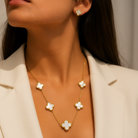 an Cleef & Arpels Vintage Alhambra Mother-of-Pearl 5-Motif Necklace & Stud Earrings Set – Silver