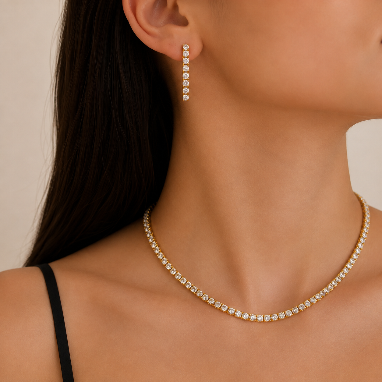 Gold Tennis Necklace & Earrings Set