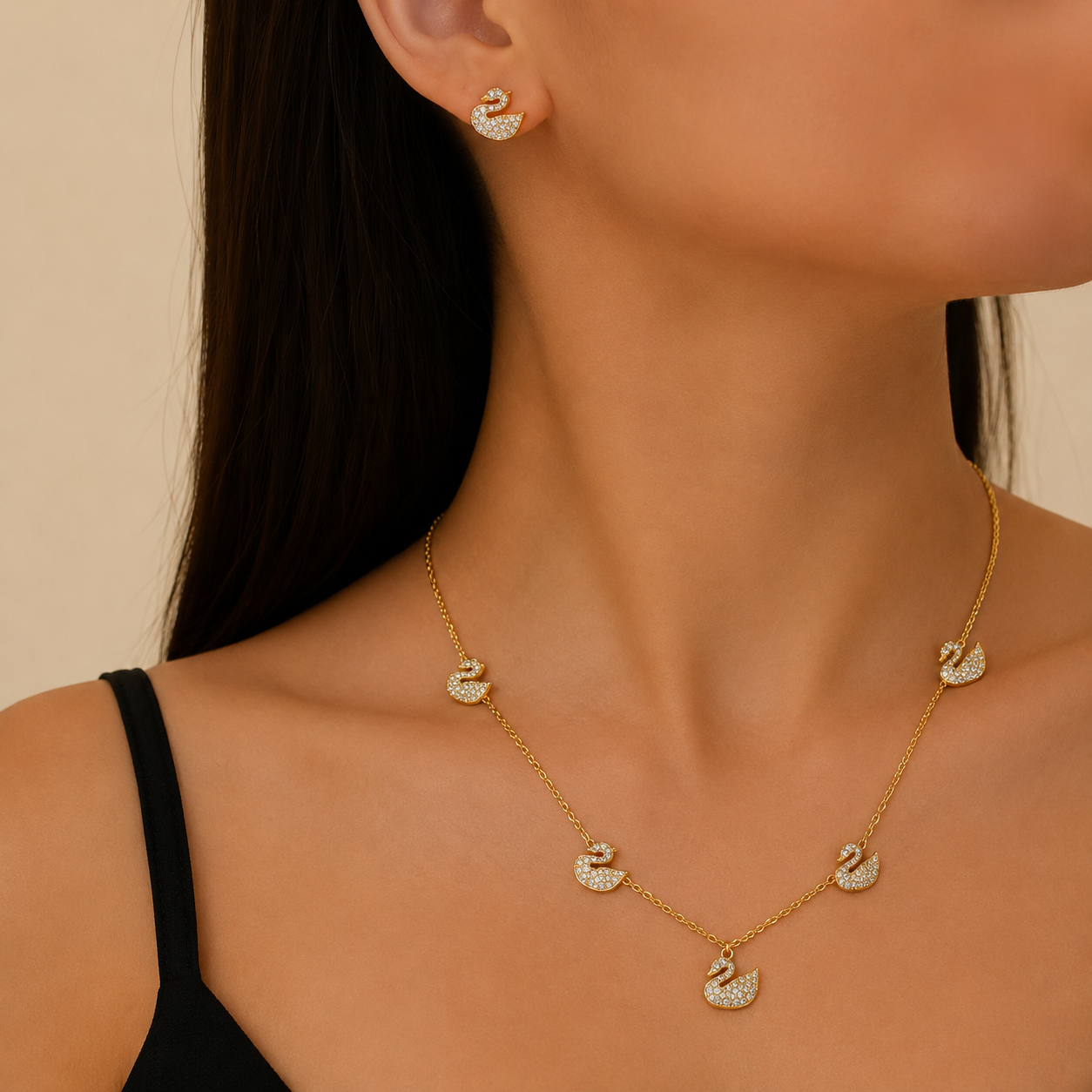 Gold Swan Charm Necklace & Earrings Set