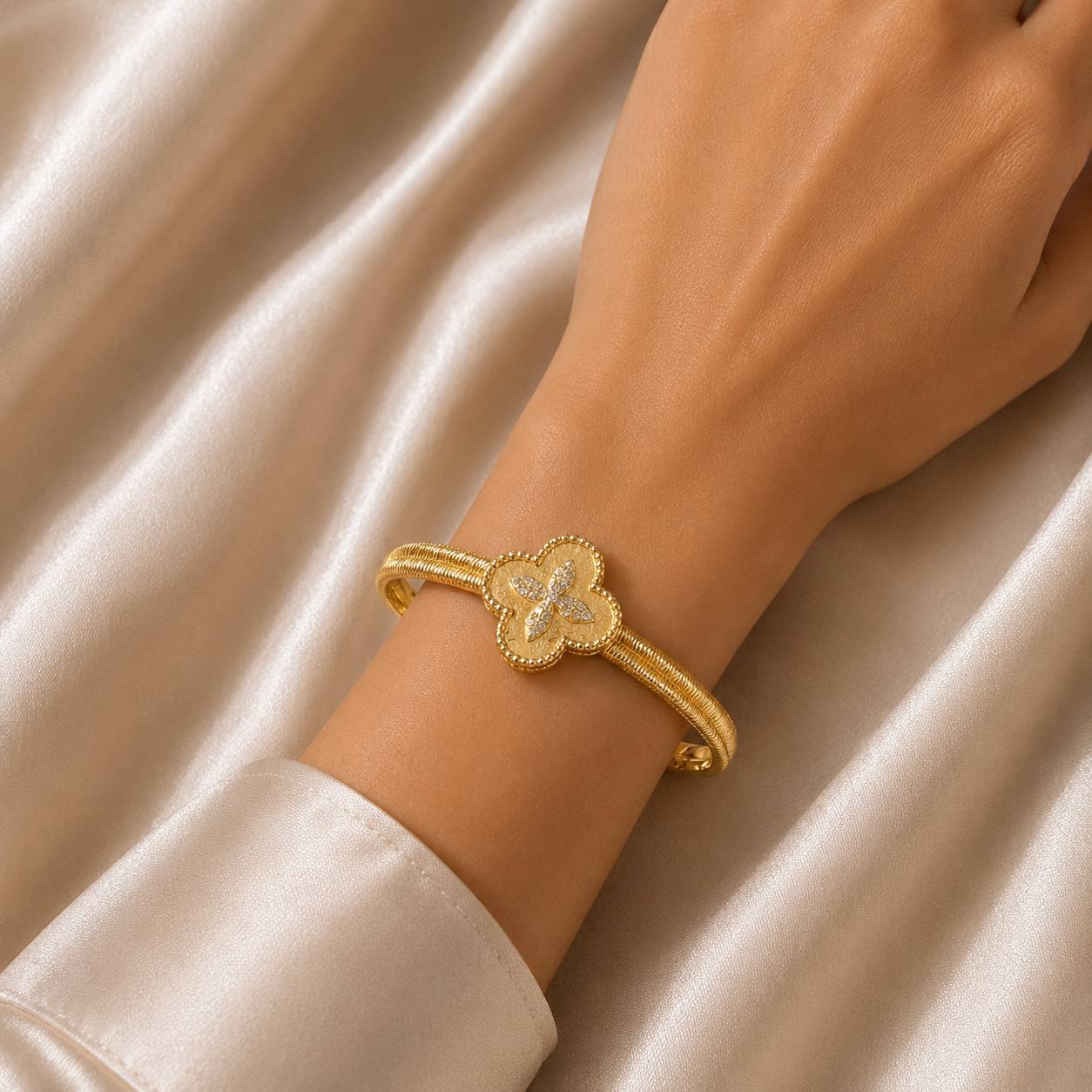 Floral Motif Open Cuff Bracelet – Gold